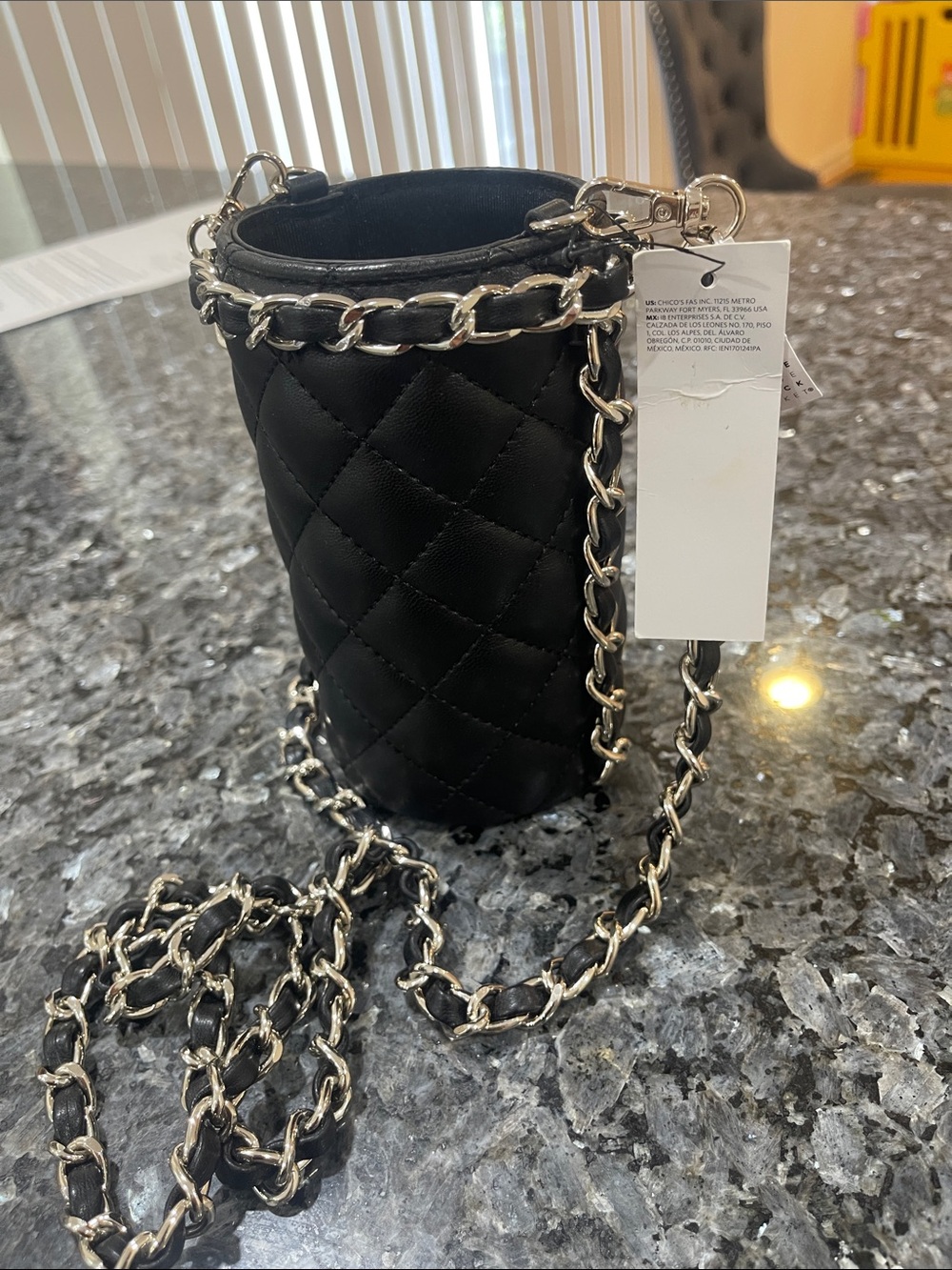 Black Quilted Leather Bucket Crossbody with Silver Chain - Picture 2 of 5